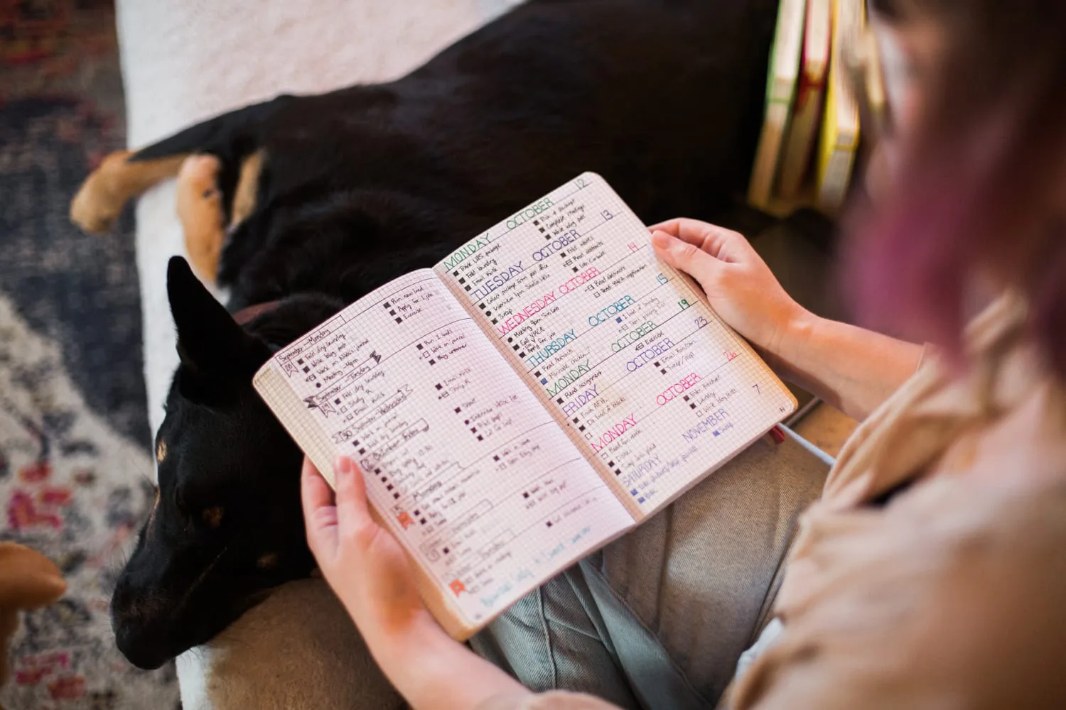 iaac-shelby-abrahamsen-looking-at-notebook-and-dog