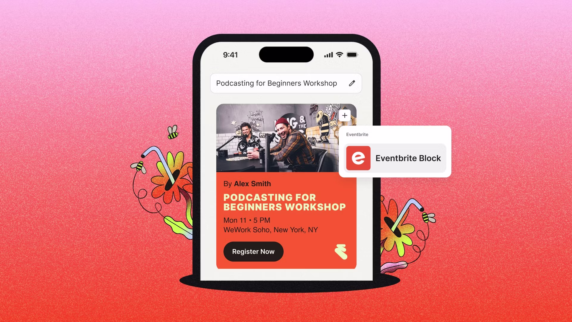 Mobile phone showing Podcasting for Beginners Workshop event by Alex Smith with Eventbrite Block integration