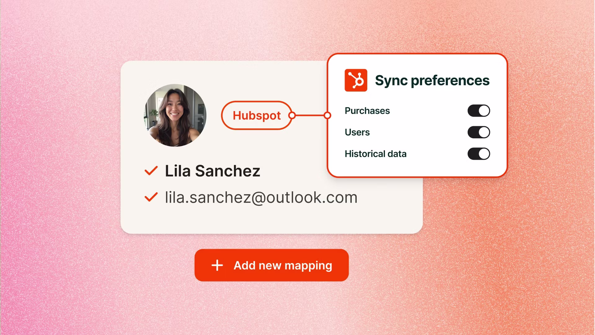 HubSpot sync preferences panel connected to a subscriber card, with toggles for purchases, users, and historical data