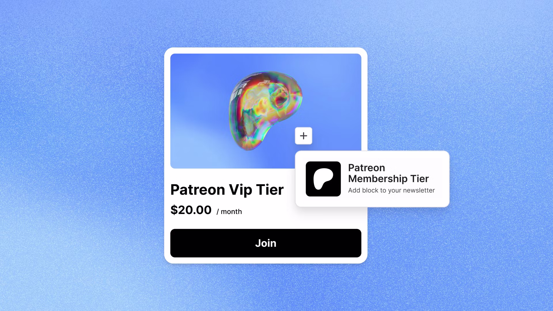 Patreon VIP Tier membership card at $20/month with option to add Patreon Membership Tier block to your newsletter