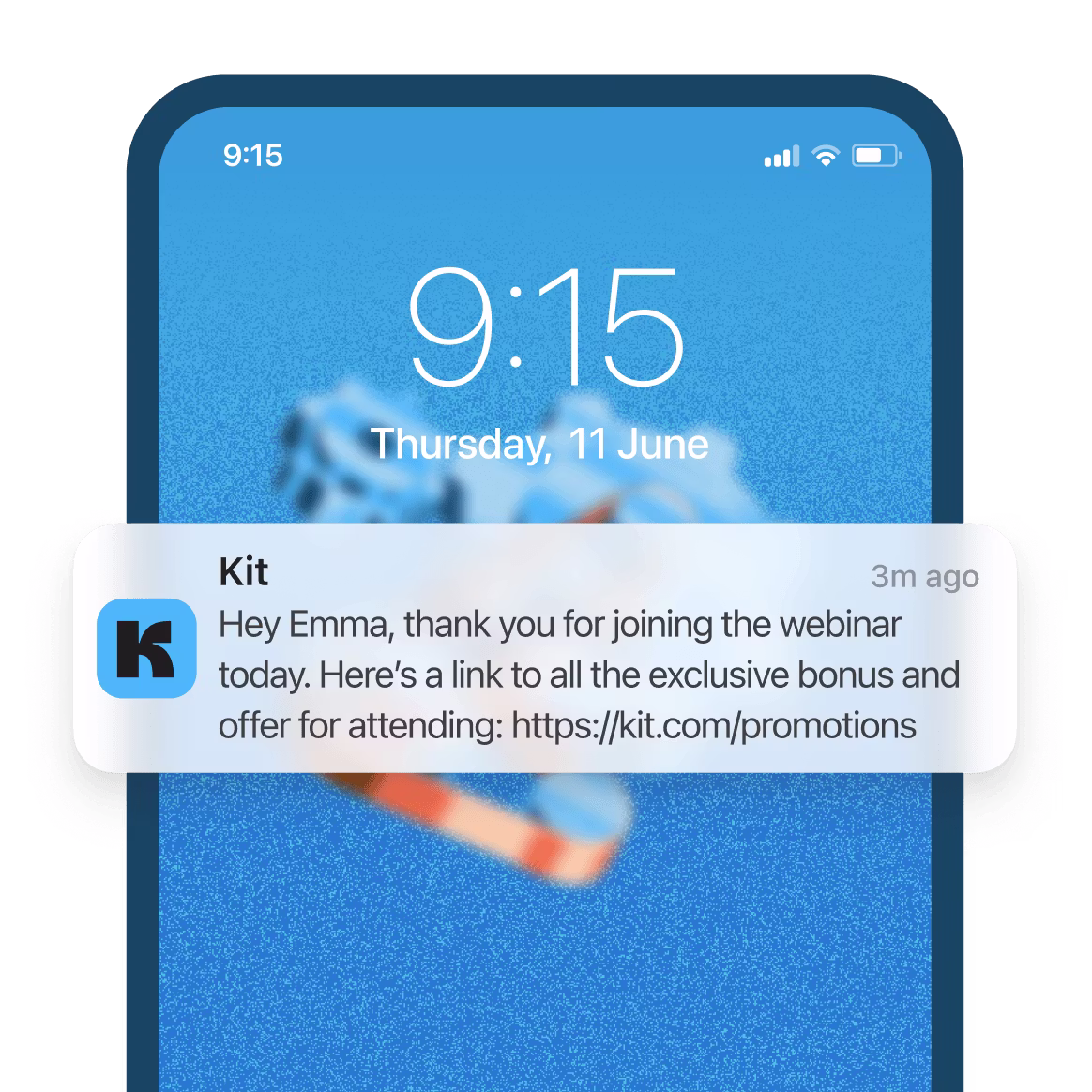 Mobile phone showing Kit SMS notification reading 'Hey Emma, thank you for joining the webinar today' with a link to exclusive bonuses