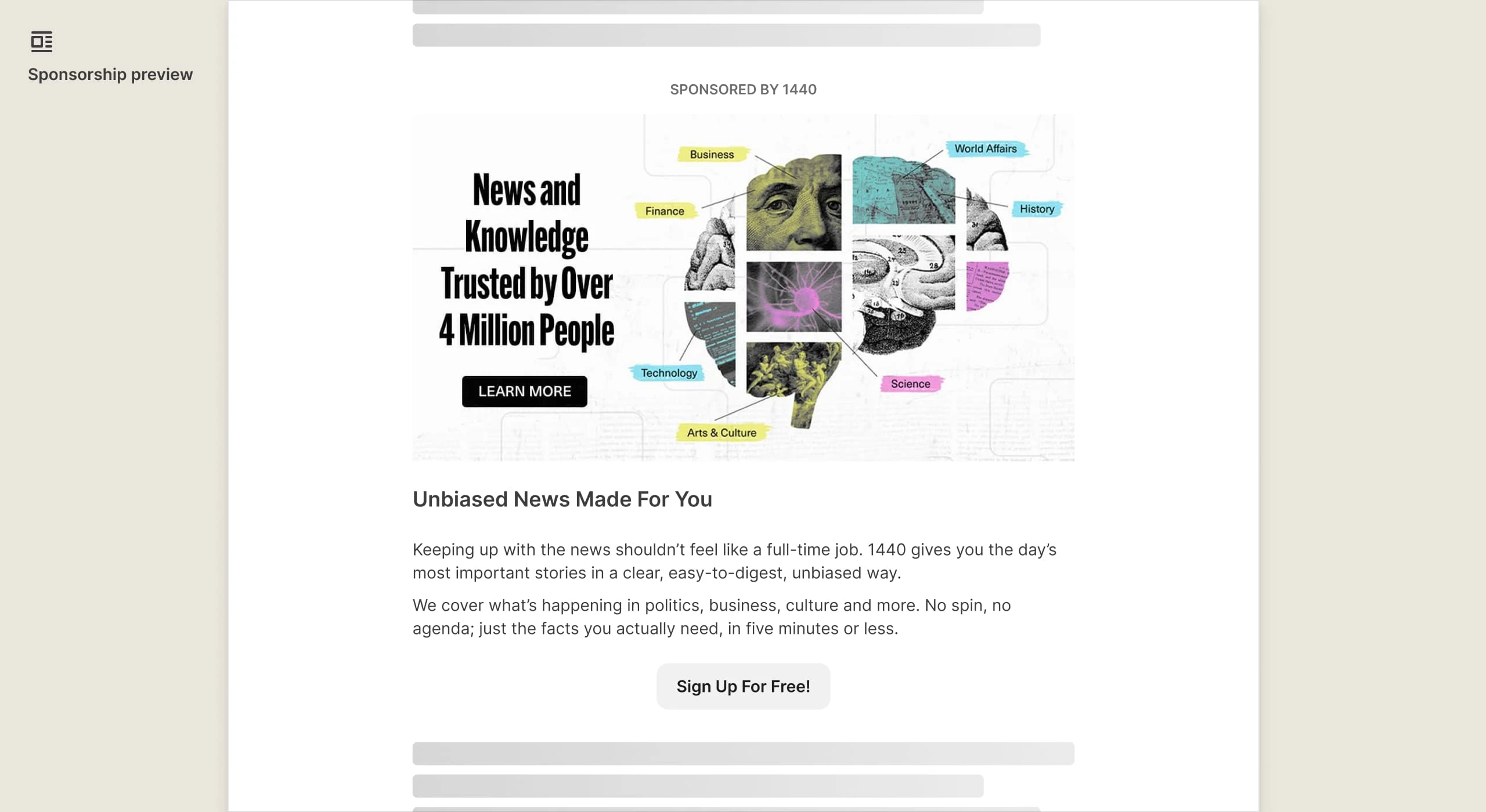 Sponsorship preview showing a 1440 newsletter ad with a collage brain illustration labeled with topics like Business, World Affairs, and Science, and a 'Sign Up For Free' button