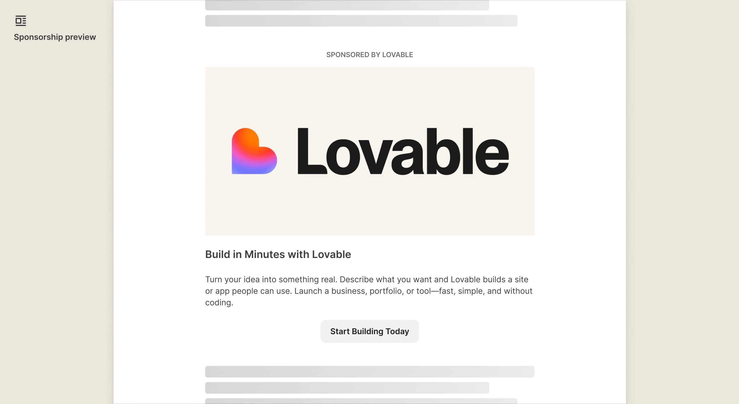 Sponsorship preview showing a Shortform ad featuring book covers like Atomic Habits and The Psychology of Money with 'A Smarter You in Only 15 Minutes' and a $50 off offer