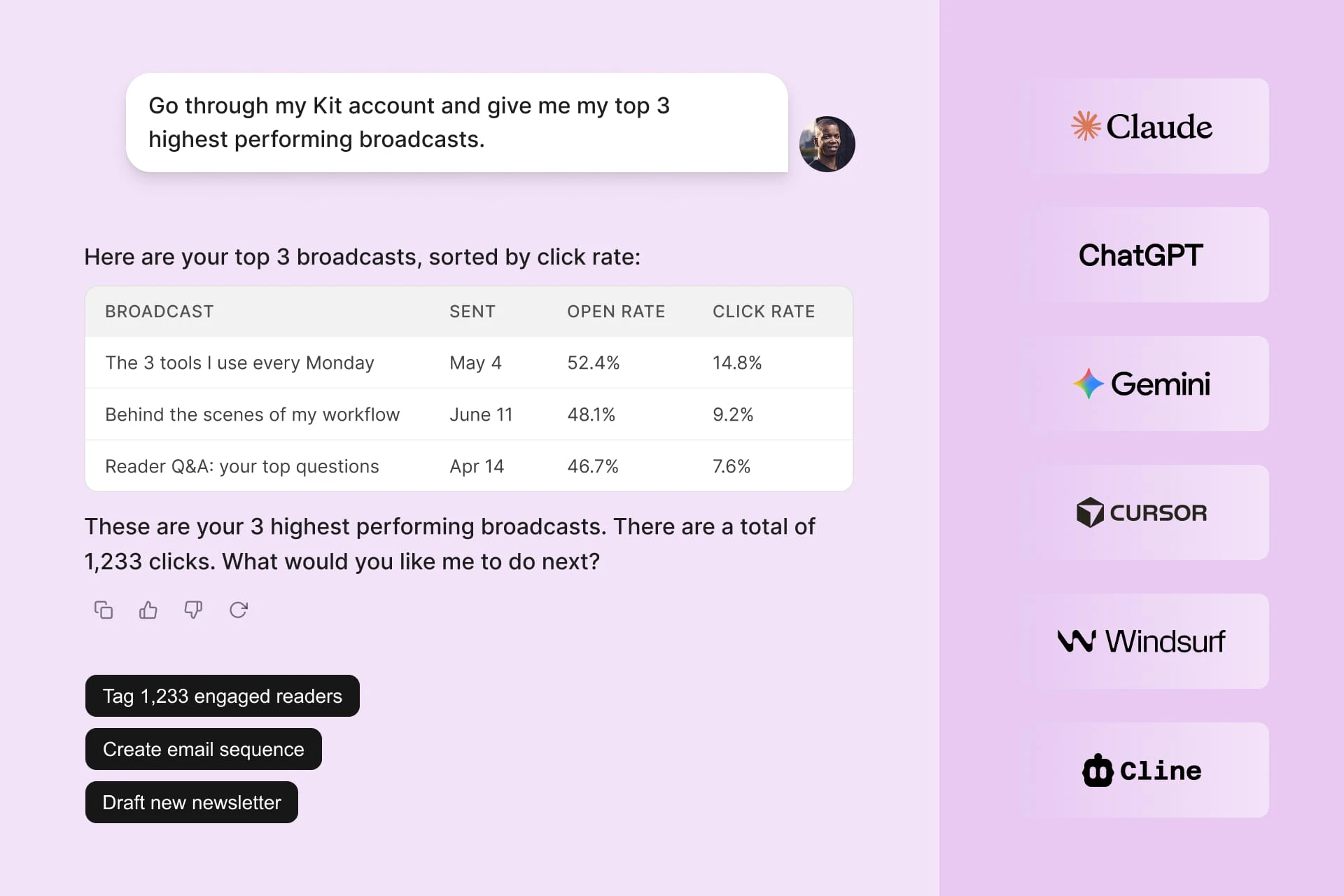 Kit App Store cards showcasing AI-powered creator tools including involve.me, Lex writing platform, Wordsmith newsletter generator, and Ada AI Email Marketing Employee, each with Install app buttons
