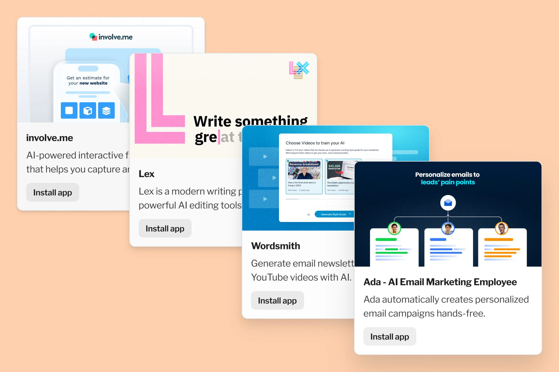 Kit App Store cards showcasing AI-powered creator tools including involve.me, Lex writing platform, Wordsmith newsletter generator, and Ada AI Email Marketing Employee, each with Install app buttons