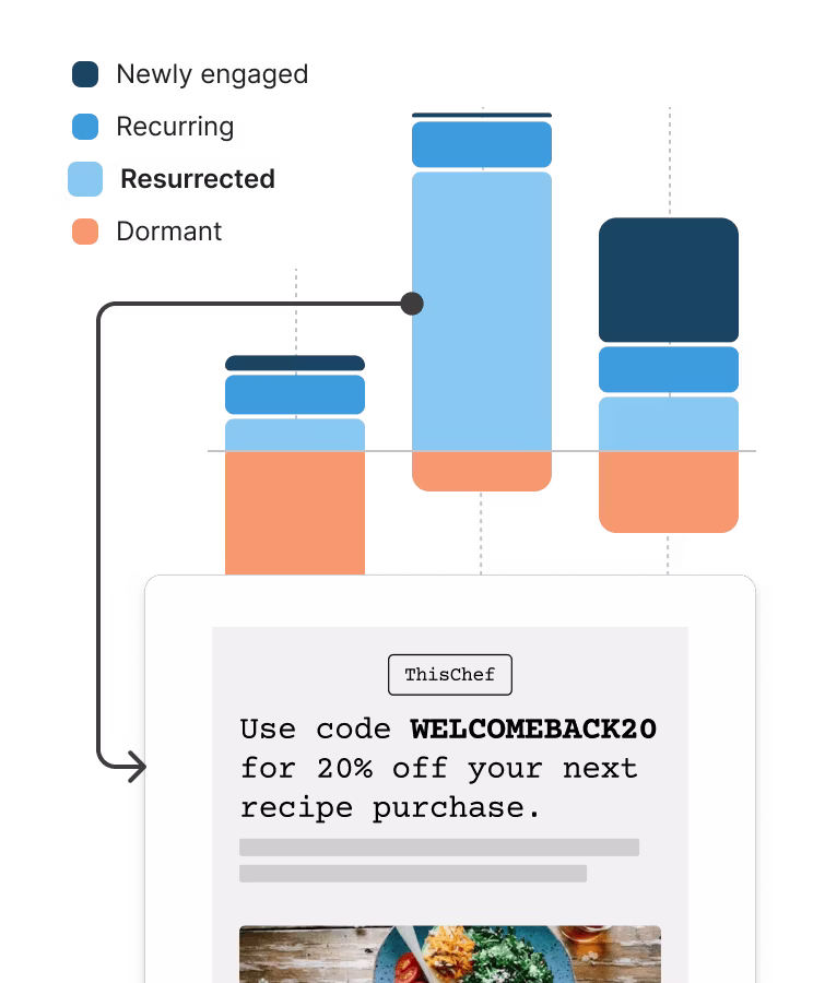 Stacked bar chart showing audience engagement segments (newly engaged, recurring, resurrected, dormant) alongside a sample broadcast email offering a WELCOMEBACK20 discount code for a recipe purchase.