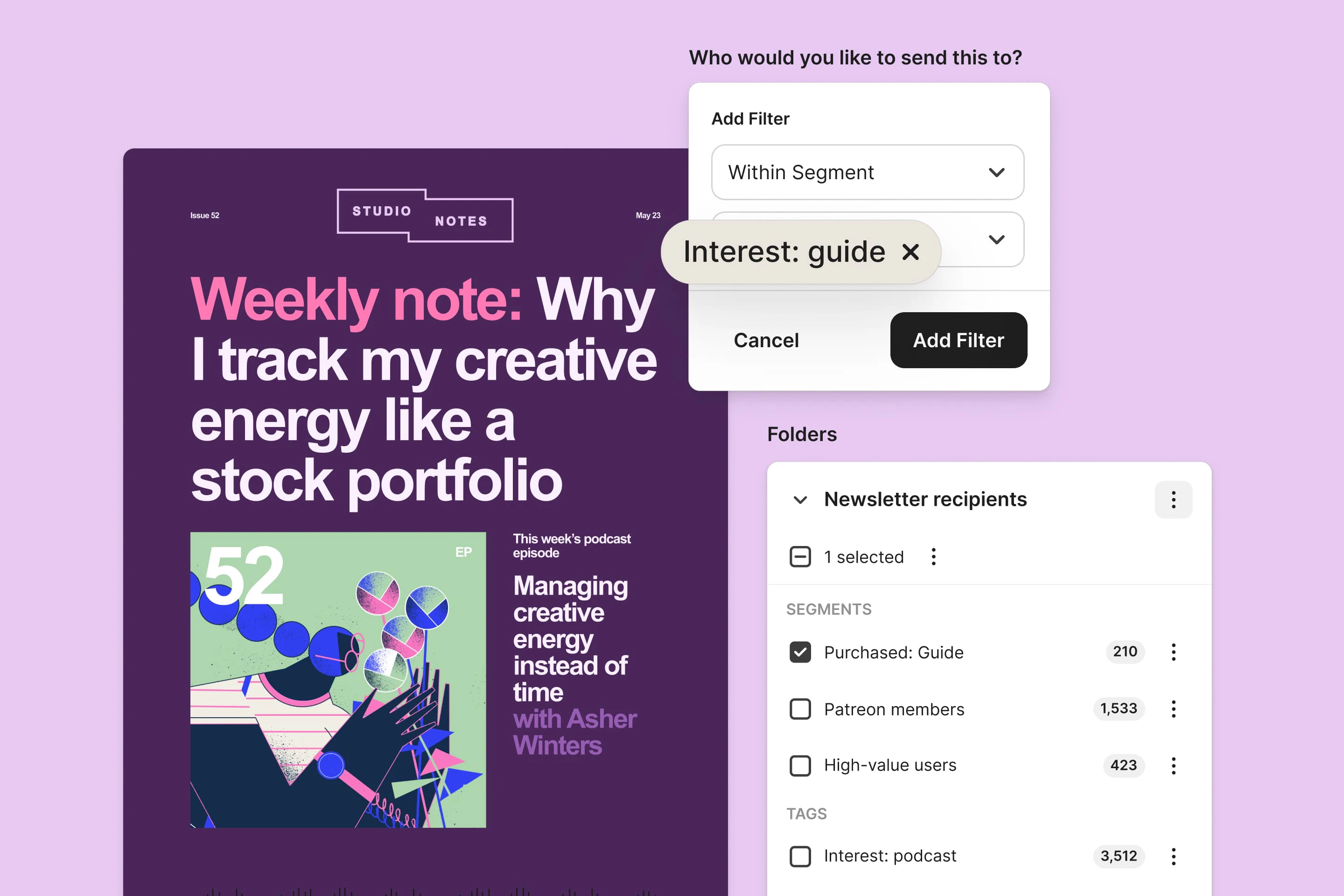 An example of Kit's email automation interface, showing a subscriber journey from sign up to purchase.