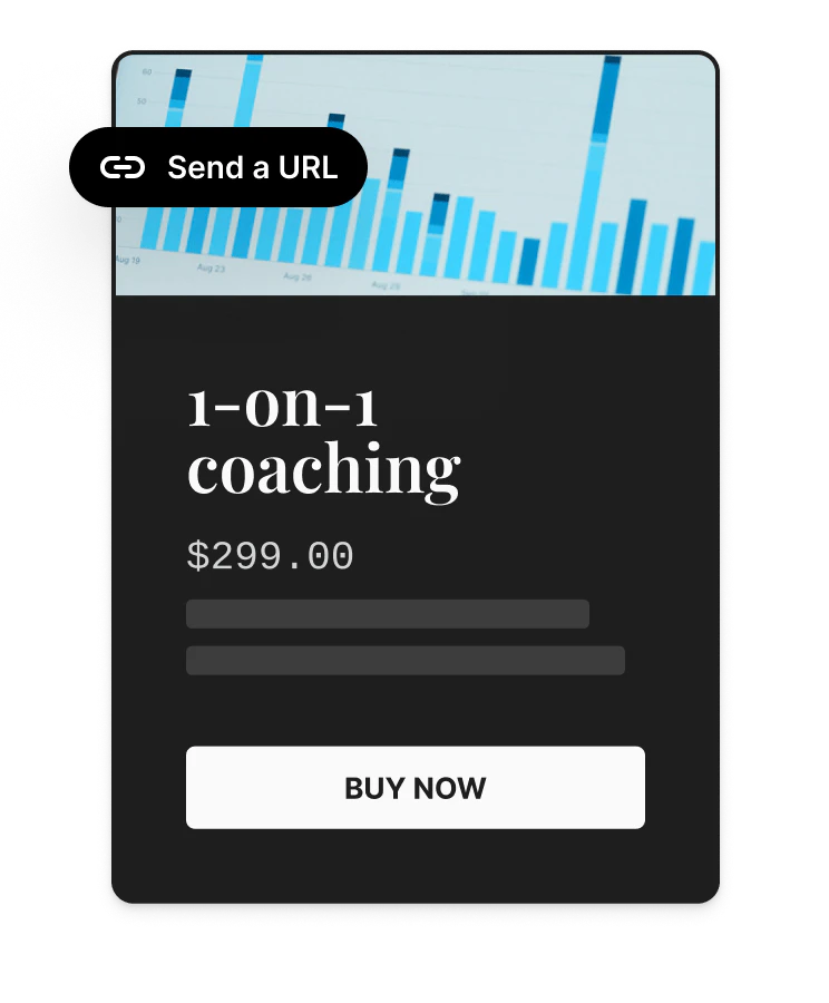 A Kit product card for 1-on-1 coaching at $299 with a Send a URL badge and a Buy now button.