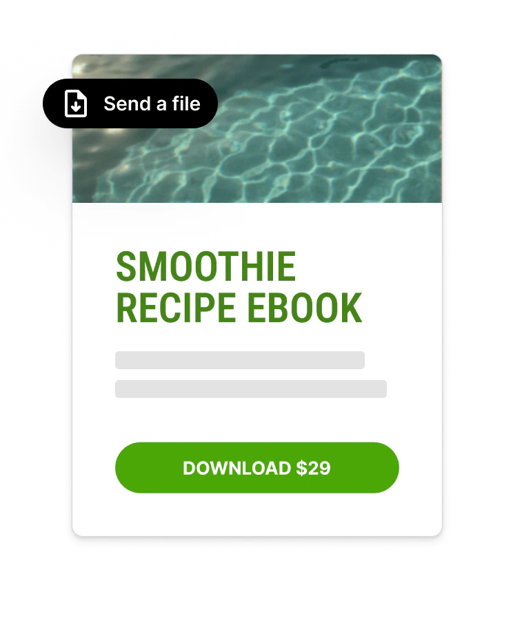 A Kit product card for a smoothie recipe ebook with a Send a file badge and a $29 download button.