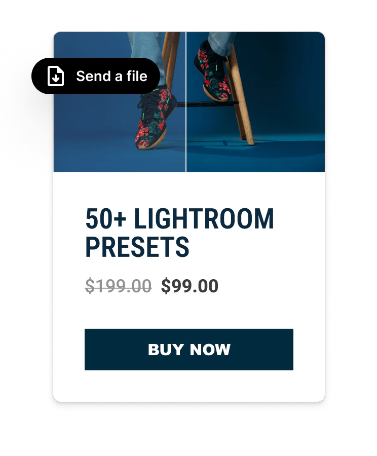 A Kit product card for Lightroom presets on sale at $99, with a Send a file badge and a Buy now button.