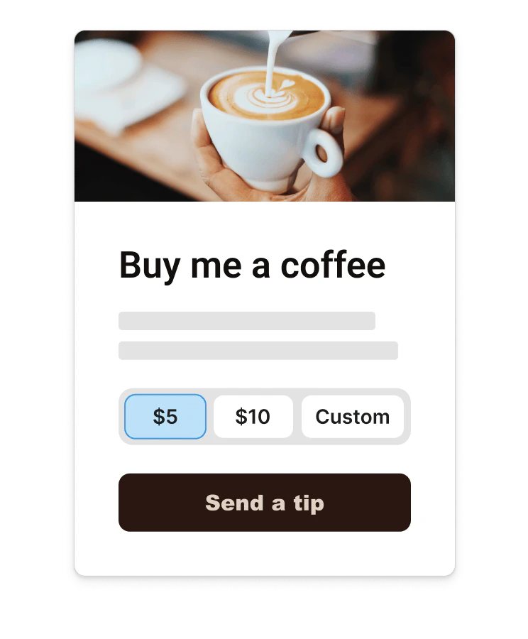 A Kit tipping card that says Buy me a coffee, with $5, $10, and Custom amounts and a Send a tip button.