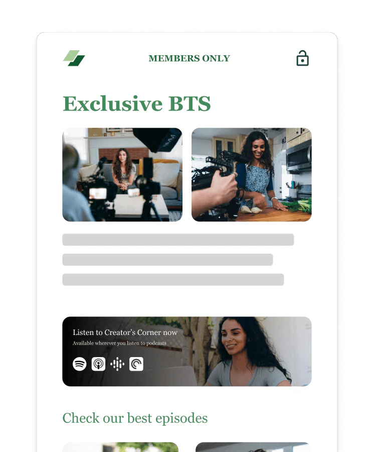 A members-only Exclusive BTS page with studio photos, a Listen to Creator’s Corner now banner, and Check our best episodes.