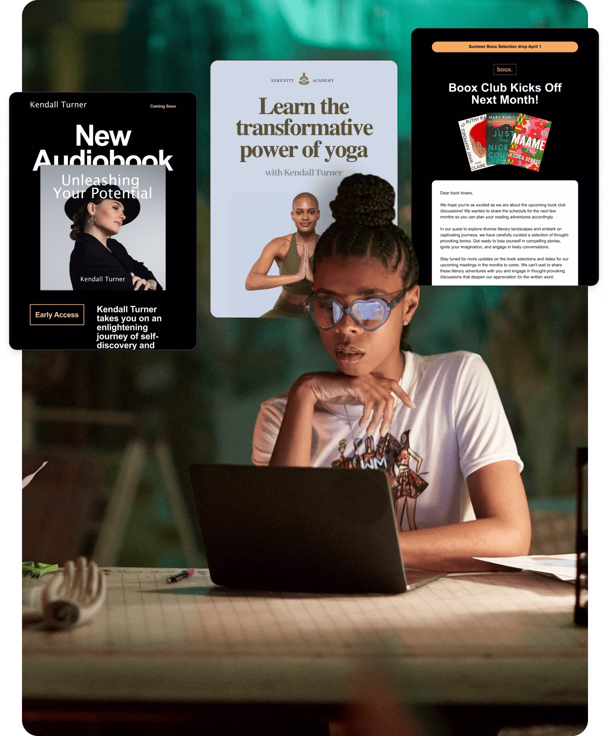 A person with headphones sits at a desk, focused on a laptop. Overlay: "New Broadcast", revenue increase to $3,515, engagement funnel chart.