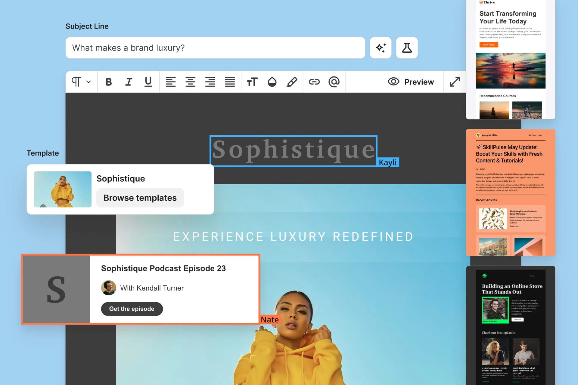 An example of Kit's email automation interface, showing a subscriber journey from signing up for a guide and a variety of actions to perform on that subscriber, such as adding or removing tags or adding them to an email sequence.