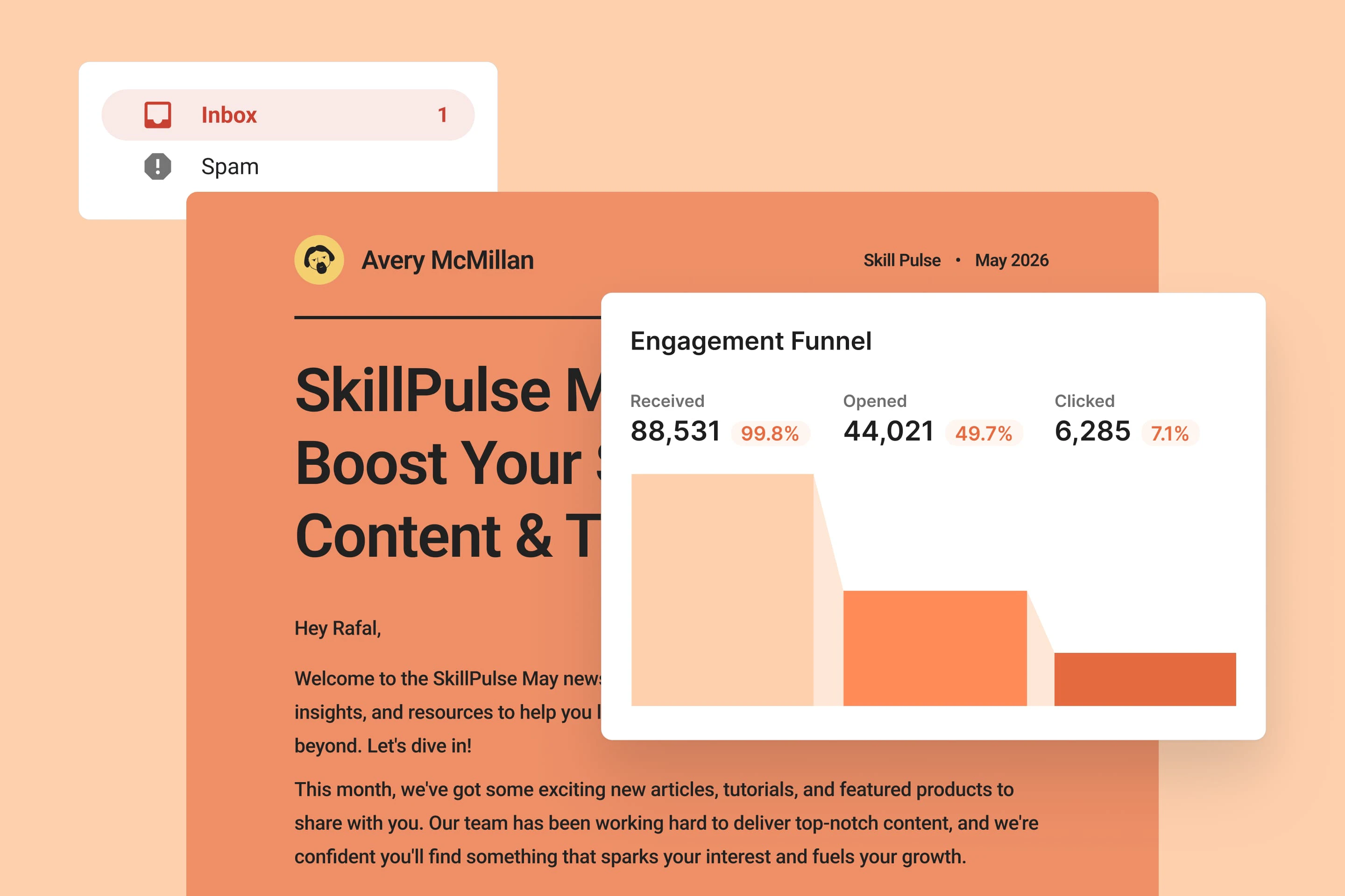 An example of how Kit's leading email deliverability helps keep emails in the inbox. A chart showing high percentages of received, opens, and clicks.
