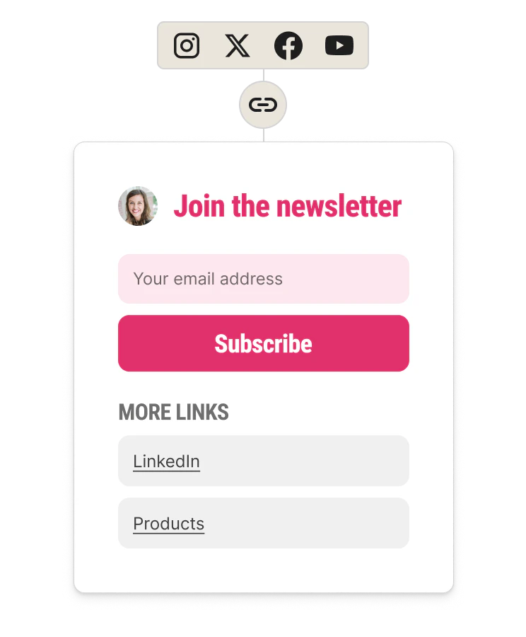 An example landing page that includes links for all of your favorite social platforms for subscribers to connect to you with.