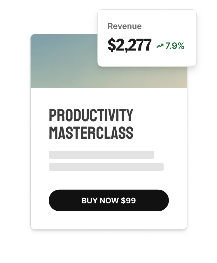 An example course product for a Productivity Masterclass. Overlay popup shows revenue of increase of 7.9% and an indicator of the course's revenue.