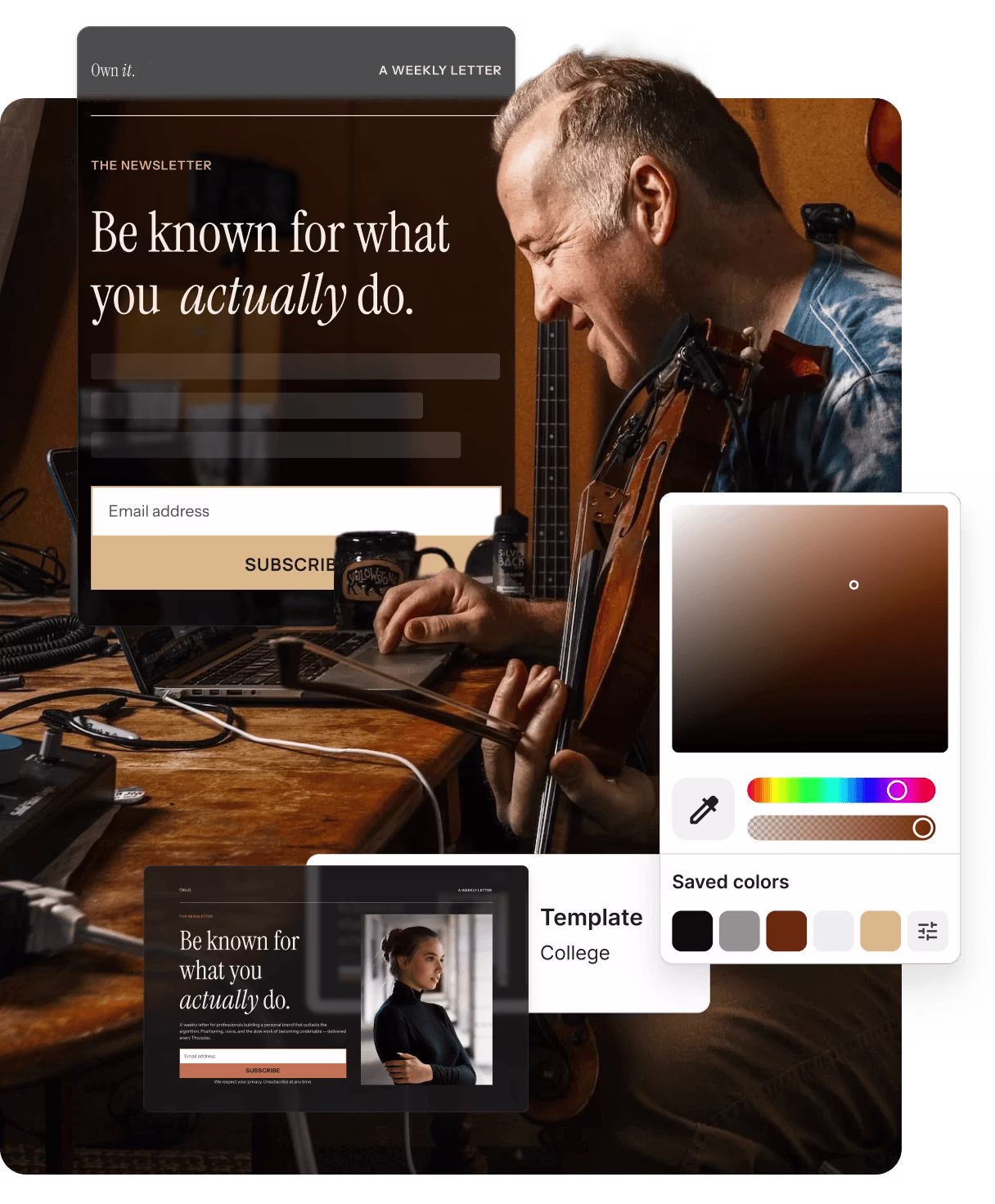 A person smiles while playing a violin, seated at a wooden table with a laptop. Overlay features a "Music reading guide" subscription box and color palette, showing features of Kit landing pages.