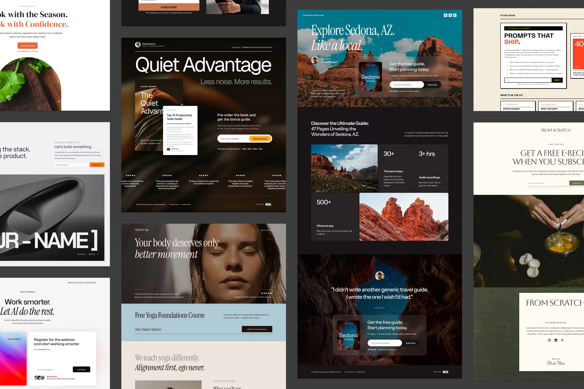 A collage of Kit landing page templates showcases various themes including fitness, food, and marketing. A sidebar displays page style settings with color and image options.