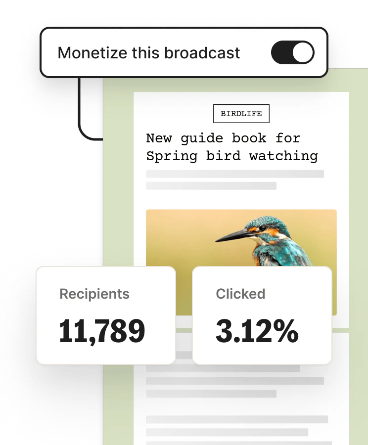 Broadcast editor with 'Monetize this broadcast' toggle enabled on a Birdlife newsletter about spring bird watching, showing 11,789 recipients and 3.12% click rate.