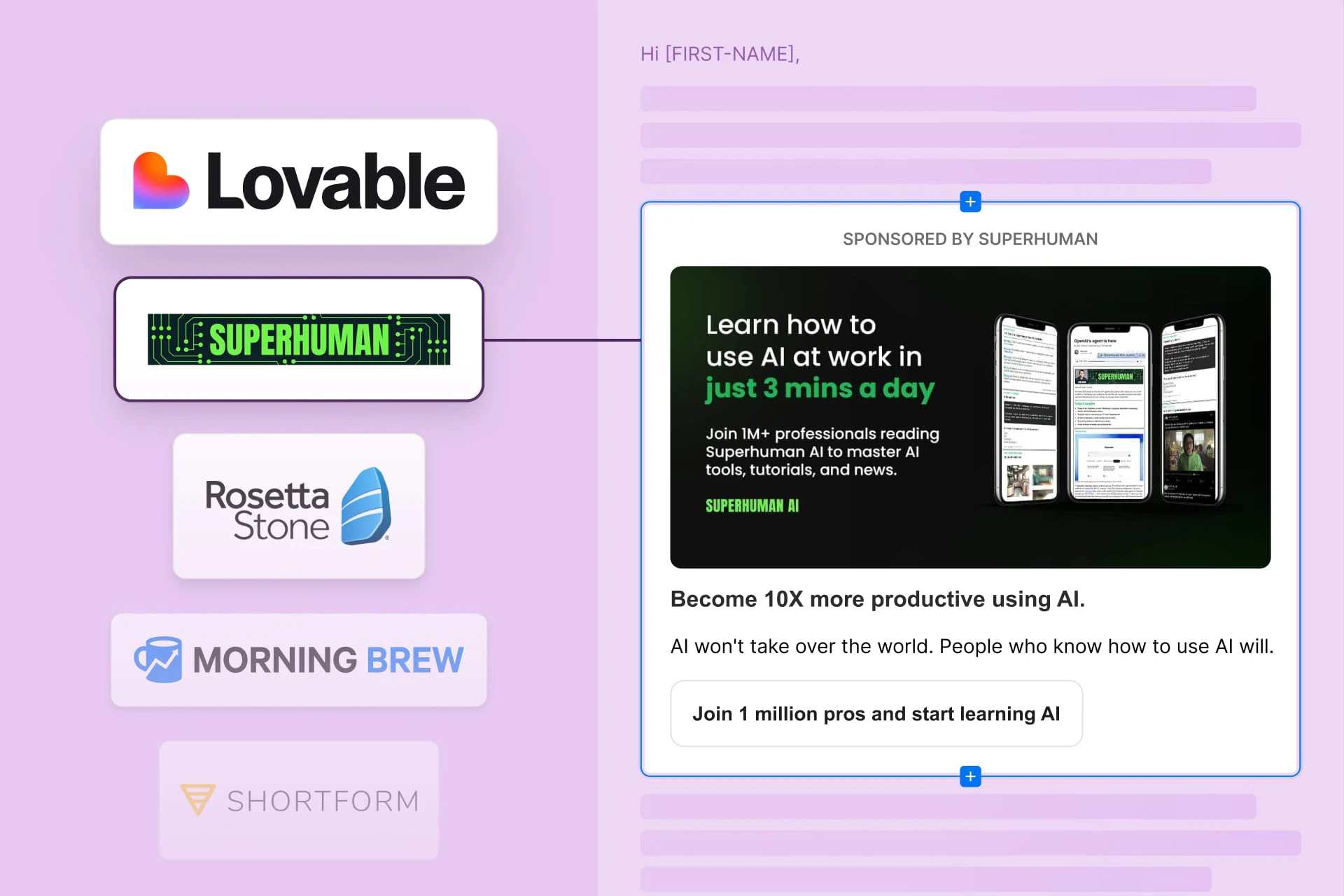 Sponsor selection showing brand options Lovable, BetterHelp, Morning Brew, and Babbel.