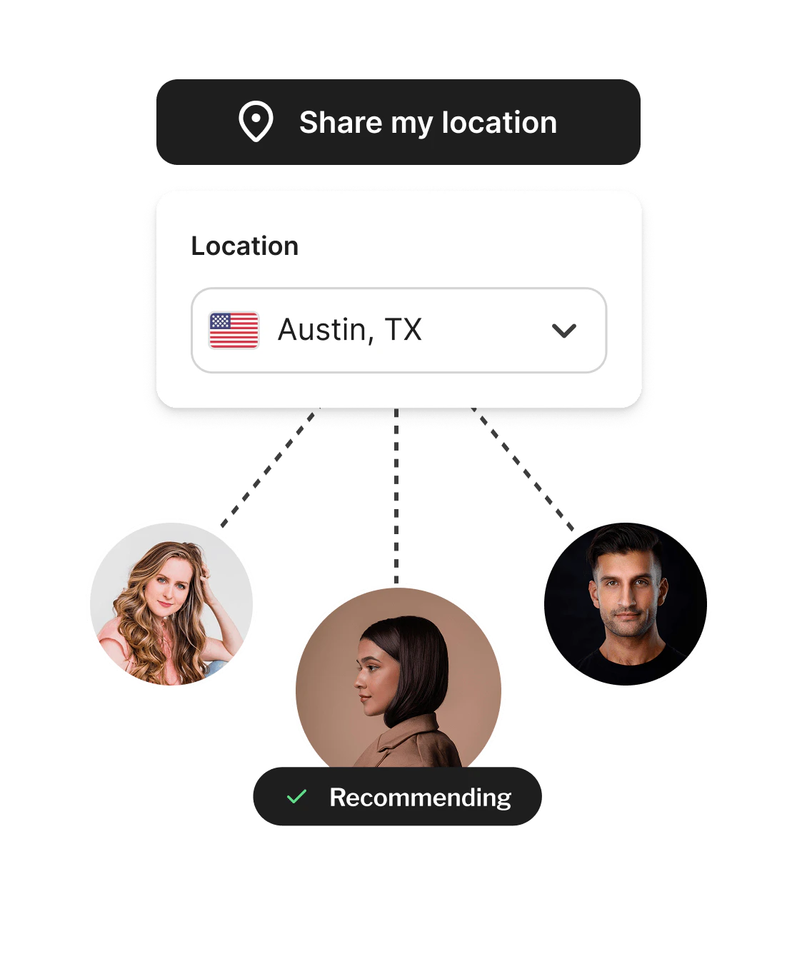 An interface where you can share your location to other creators near you and recommend them.