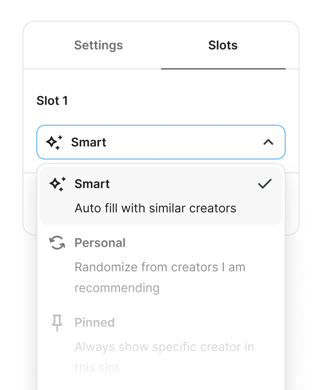A dropdown menu from the Kit dashboard showing a menu of adding Smart recommendations to your email slots.