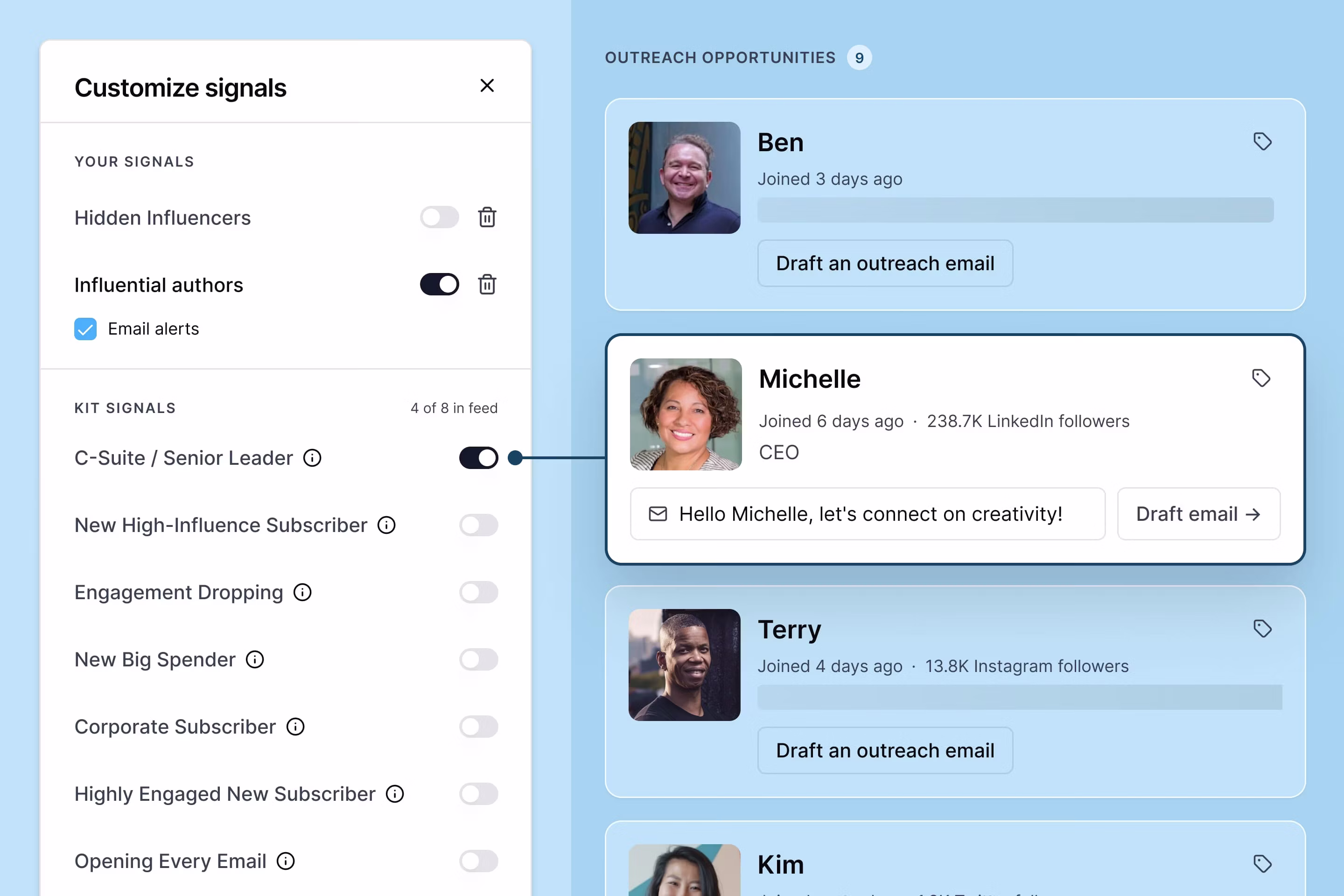 An example of Kit's email automation interface, showing a subscriber journey from signing up for a guide and a variety of actions to perform on that subscriber, such as adding or removing tags or adding them to an email sequence.