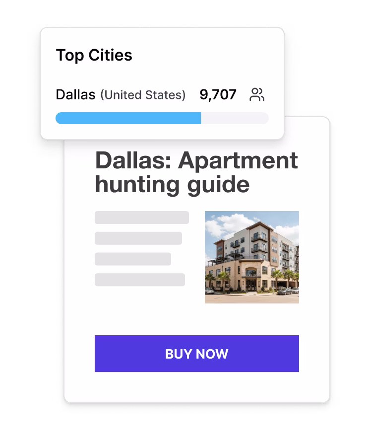 Subscriber Signals showing Dallas as a top subscriber city with 9,707 subscribers, paired with a "Dallas: Apartment hunting guide" product launch page.