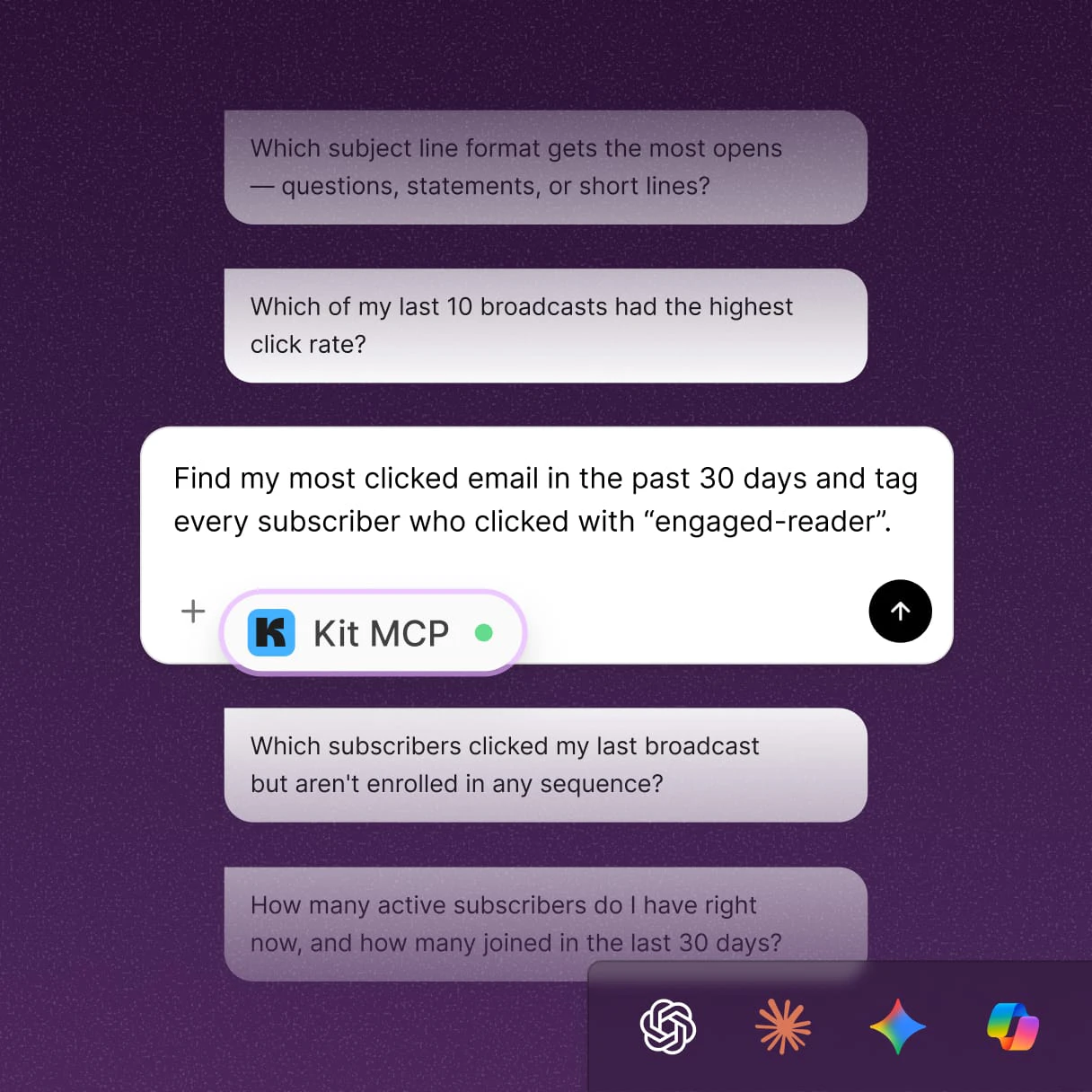 Kit MCP in an AI chat asked to find the most clicked email in the past 30 days and tag every subscriber who clicked