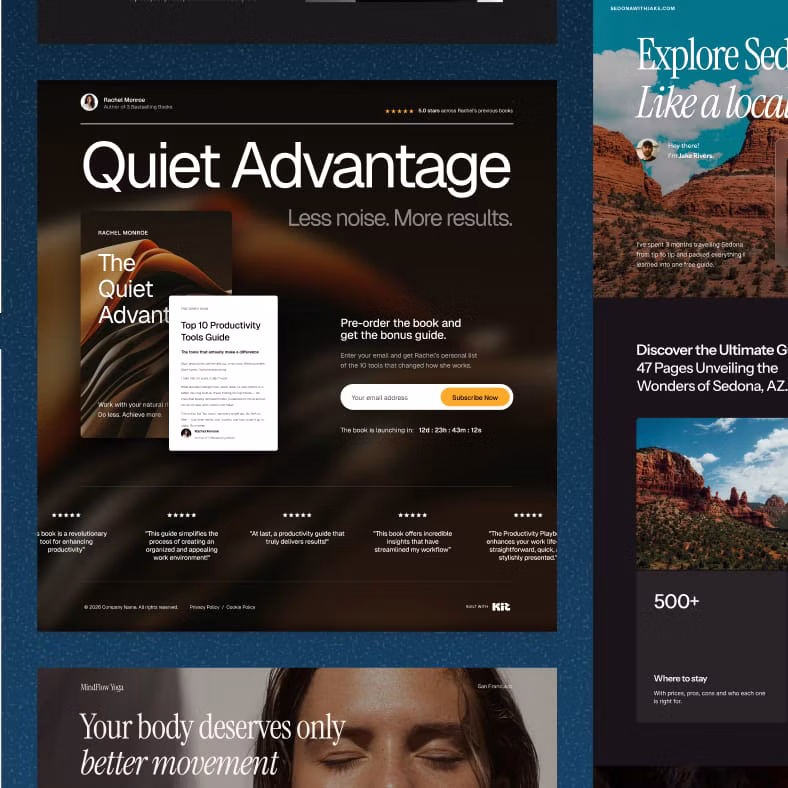 Landing page templates for creator brands, including a Quiet Advantage book promotion page