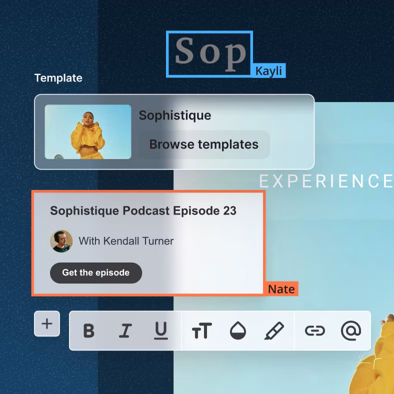 Email designer editing a podcast episode newsletter template with a text formatting toolbar