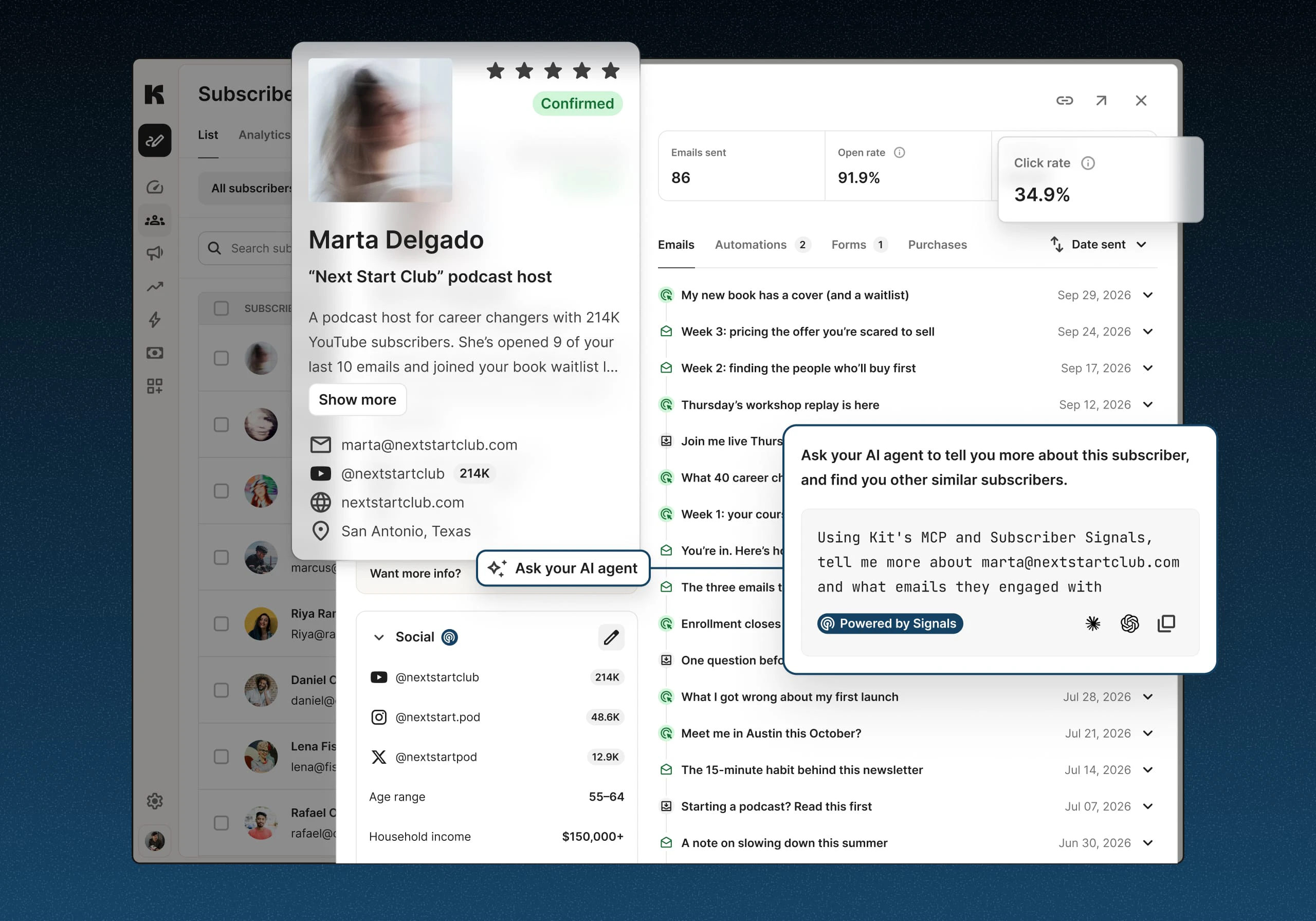 Subscriber Signals profile for podcast host Marta Delgado with her social followings, email engagement, and an AI agent prompt