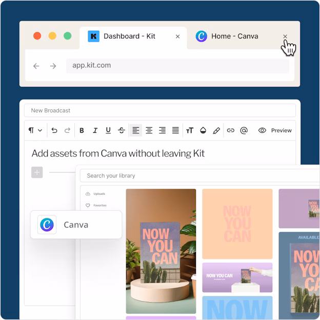 A browser showing Kit's email editor with an open Canva app panel.