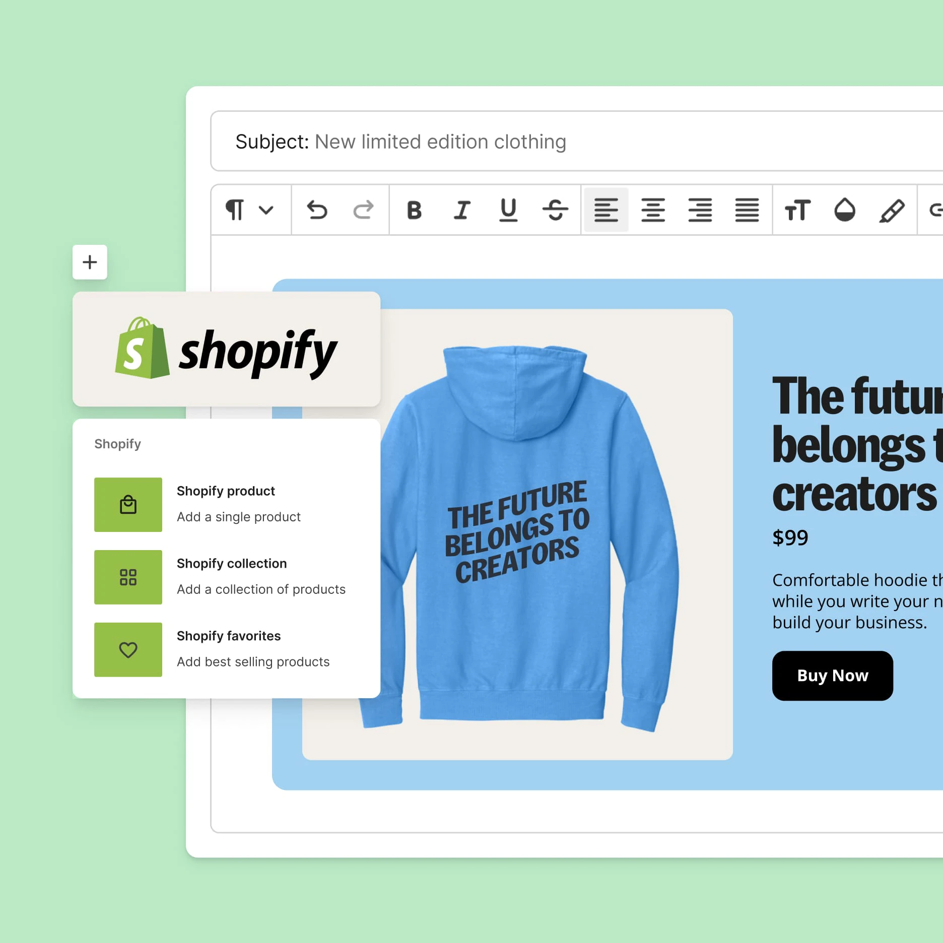 A browser showing Kit's email editor with Shopify integration.