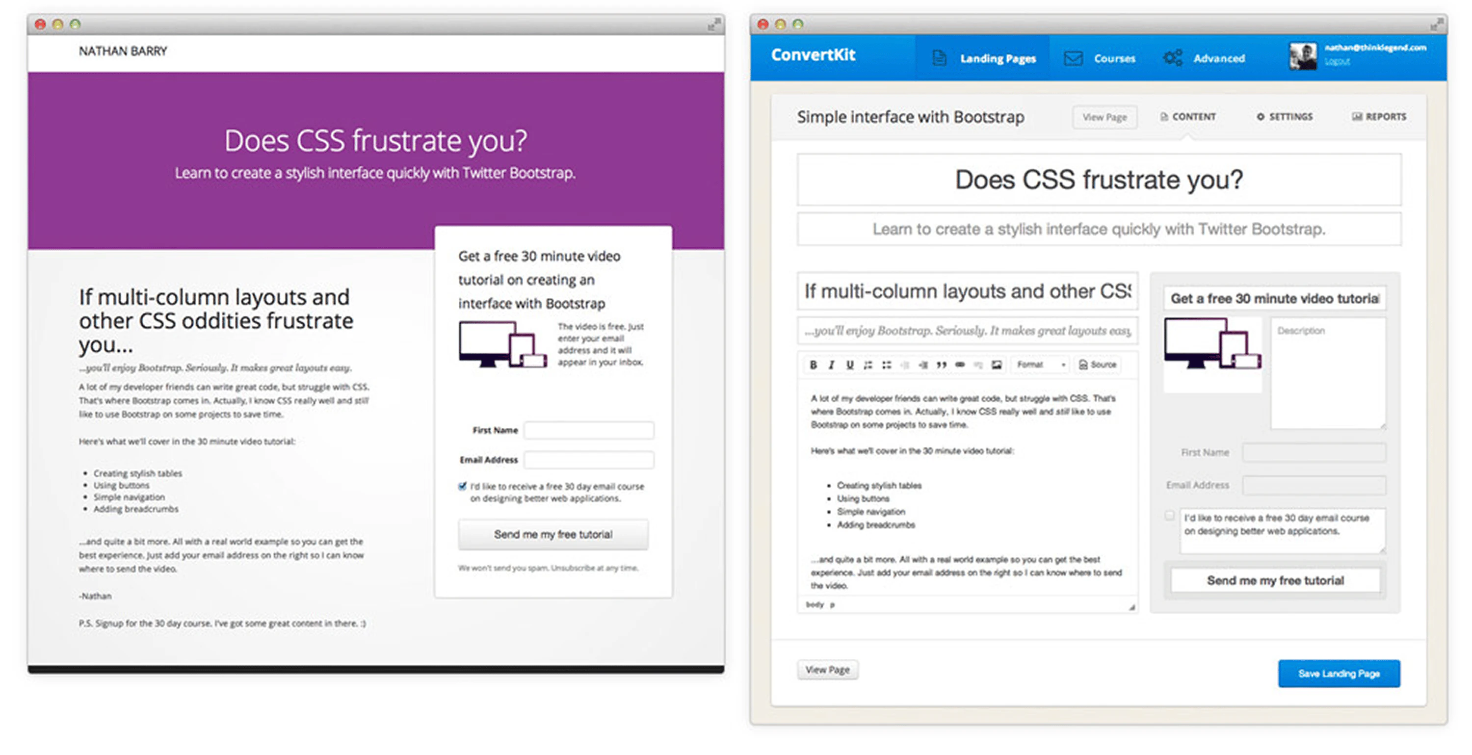 An image of the first version of ConvertKit and the preview of the email that was sent.