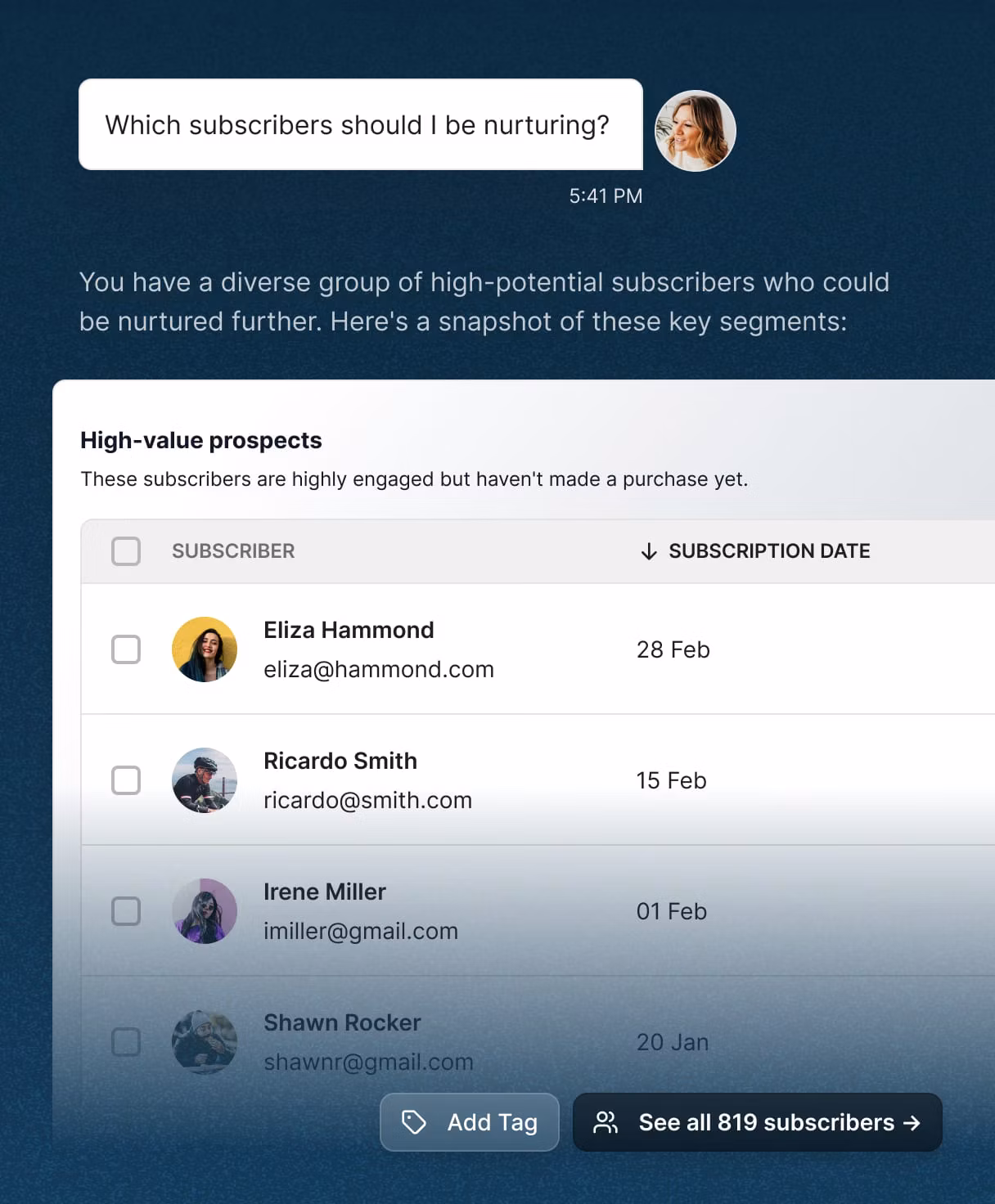 Kit chat asking which subscribers to nurture, answered with a list of high-value prospects who are highly engaged but haven't bought yet, with Add Tag and See all 819 subscribers buttons