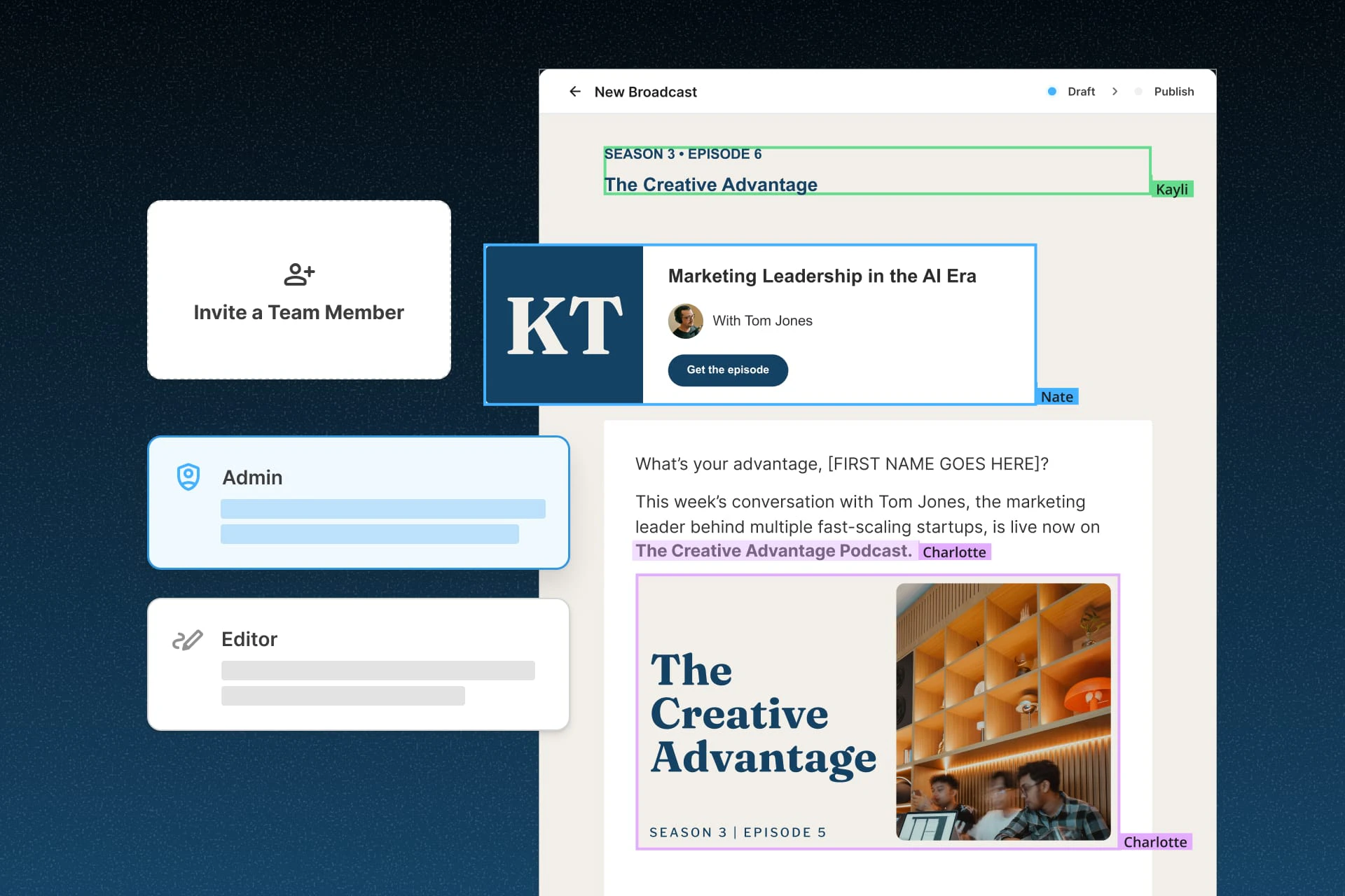 Collaborative editing on a podcast newsletter broadcast with teammates Kayli, Nate, and Charlotte editing at once, beside Invite a Team Member, Admin, and Editor role cards