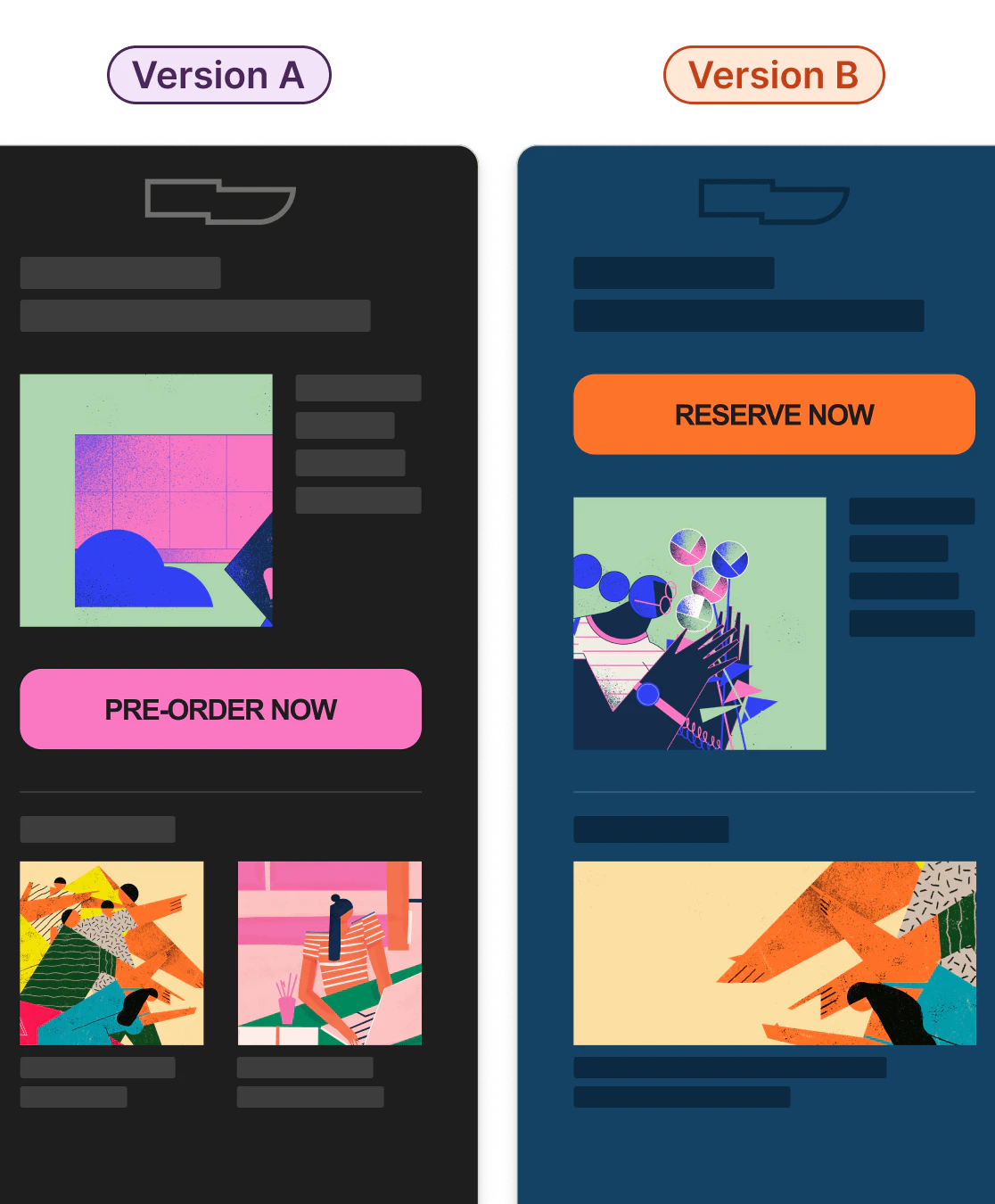A/B testing comparison showing two email design versions—Version A with black background and pink Pre-Order button, Version B with navy background and orange Reserve Now button