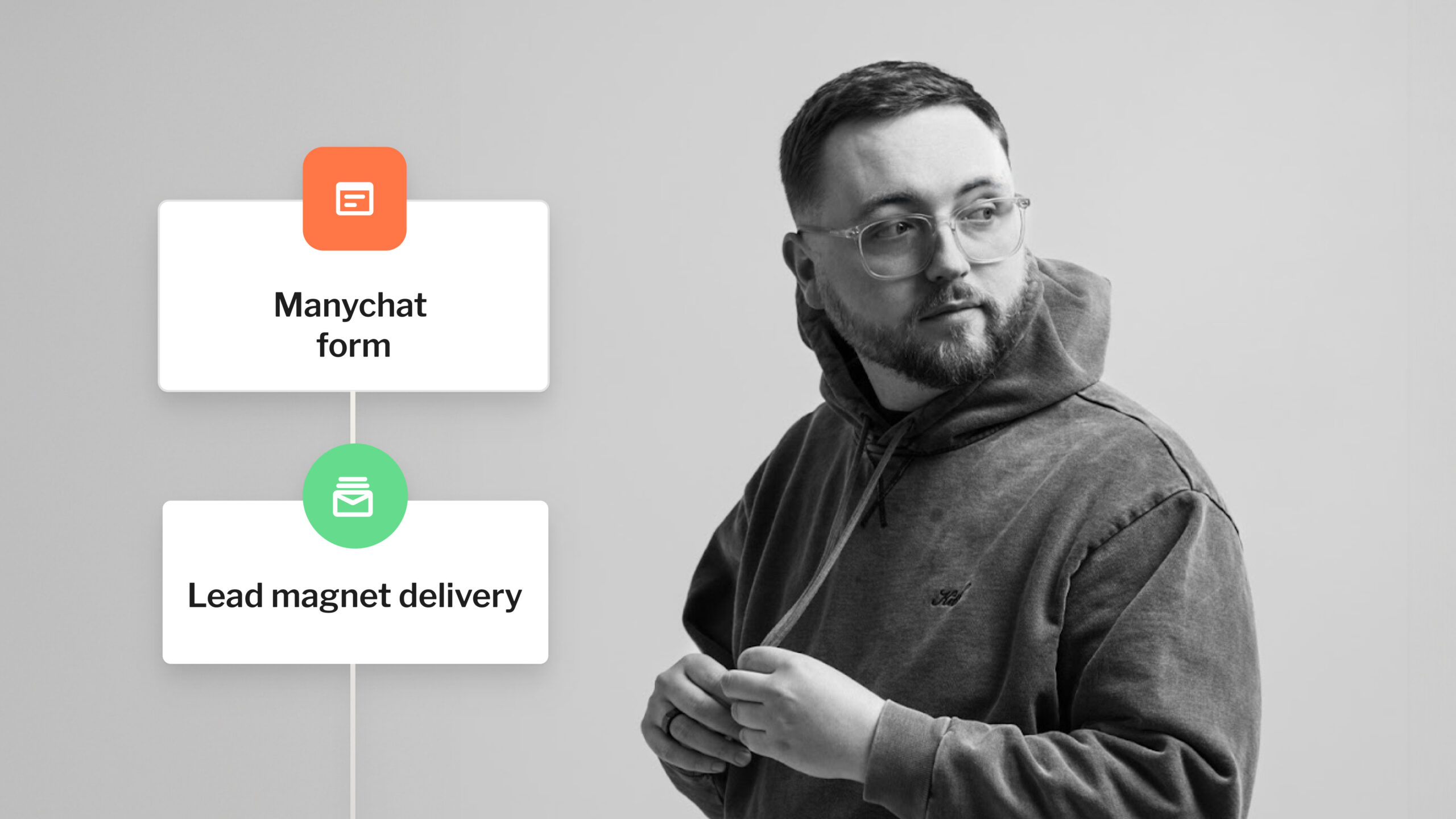 headshot of Gannon Meyer in black and white with an example of his visual automation next to him