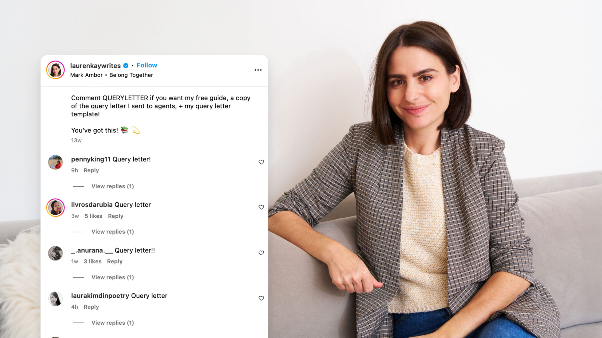 headshot of Lauren Kay on a couch with an example of her Instagram manychat funnel next to her