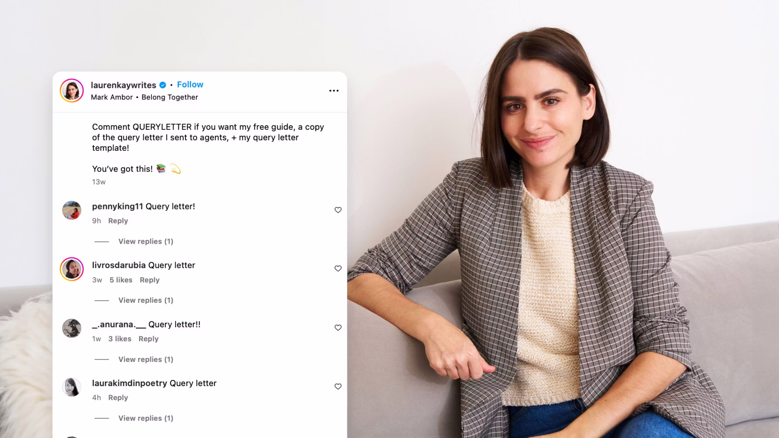 headshot of Lauren Kay on a couch with an example of her Instagram manychat funnel next to her