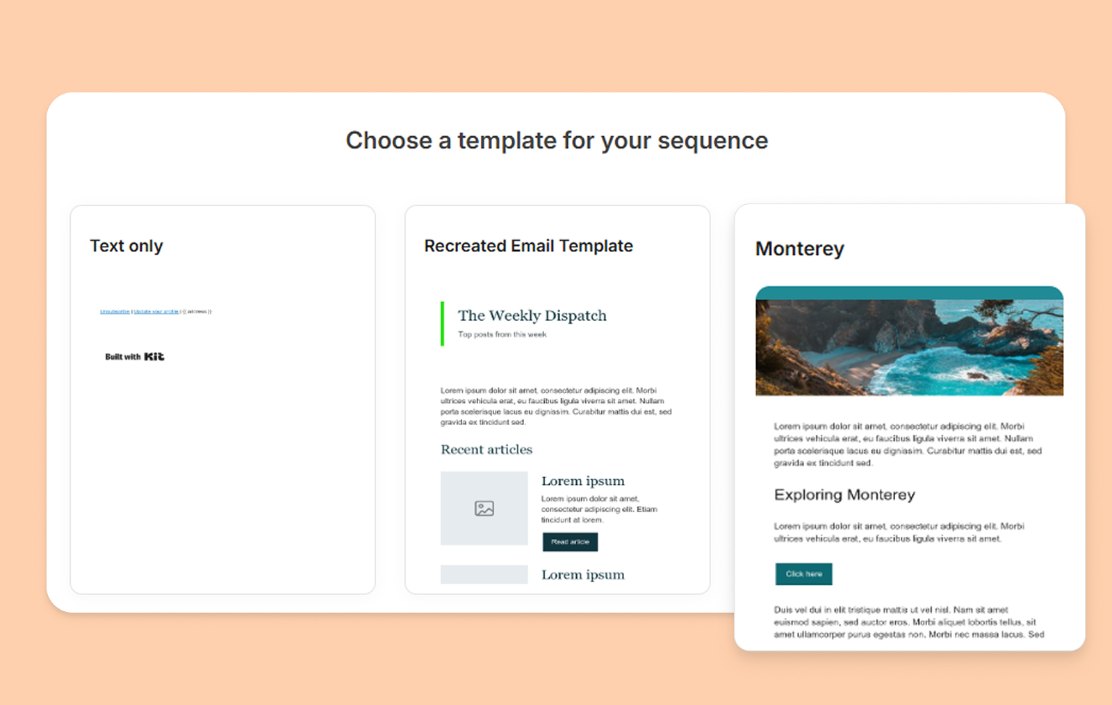 Selecting an email template in Kit