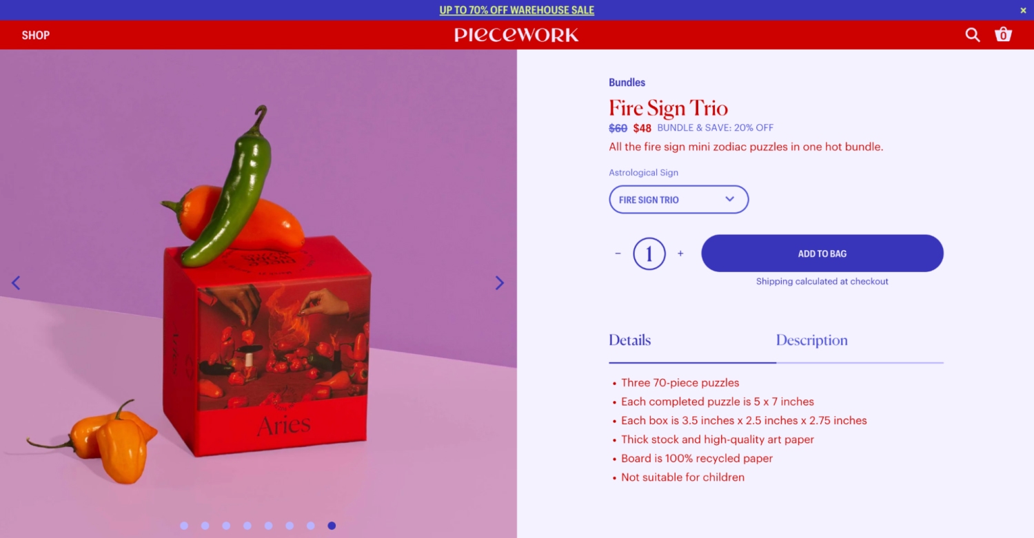 Piecework puzzles page with a purple ‘Add to Bag’ button