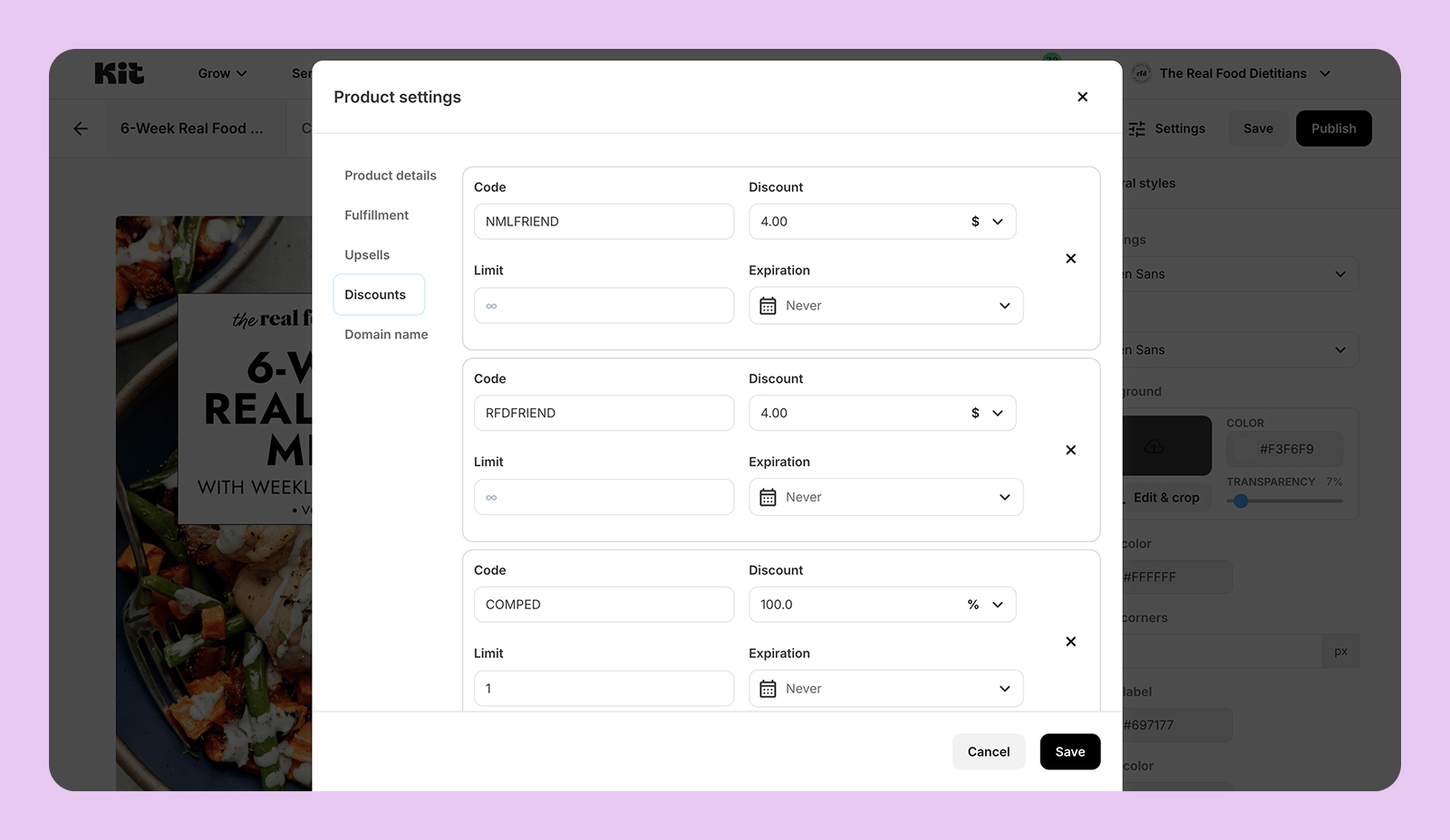 Discount code view in Kit