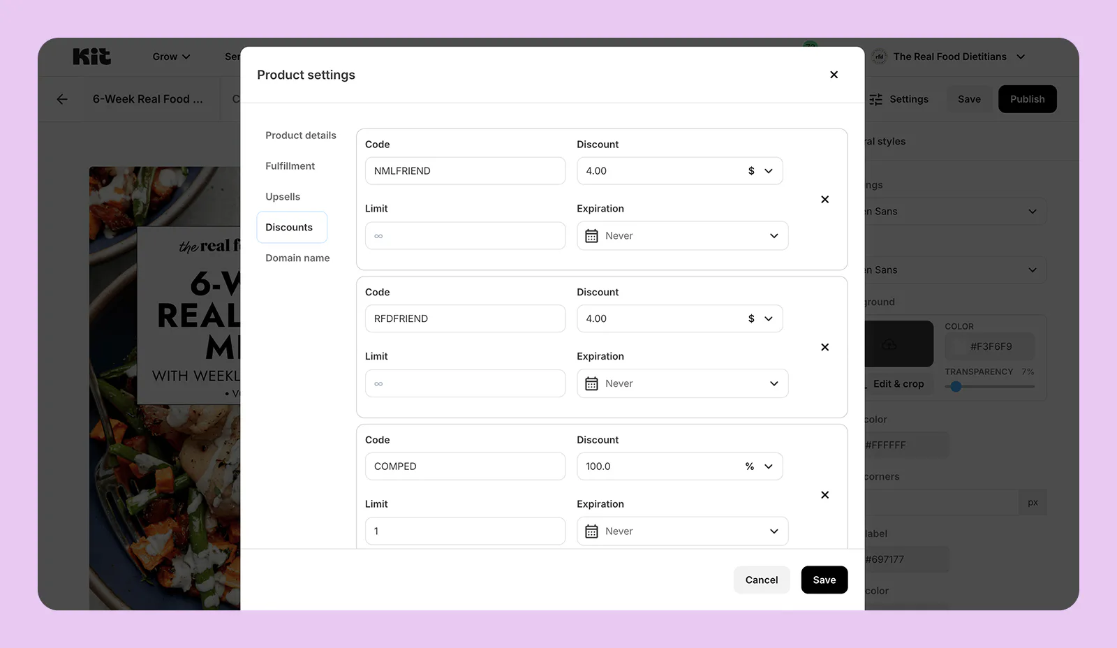Discount code view in Kit