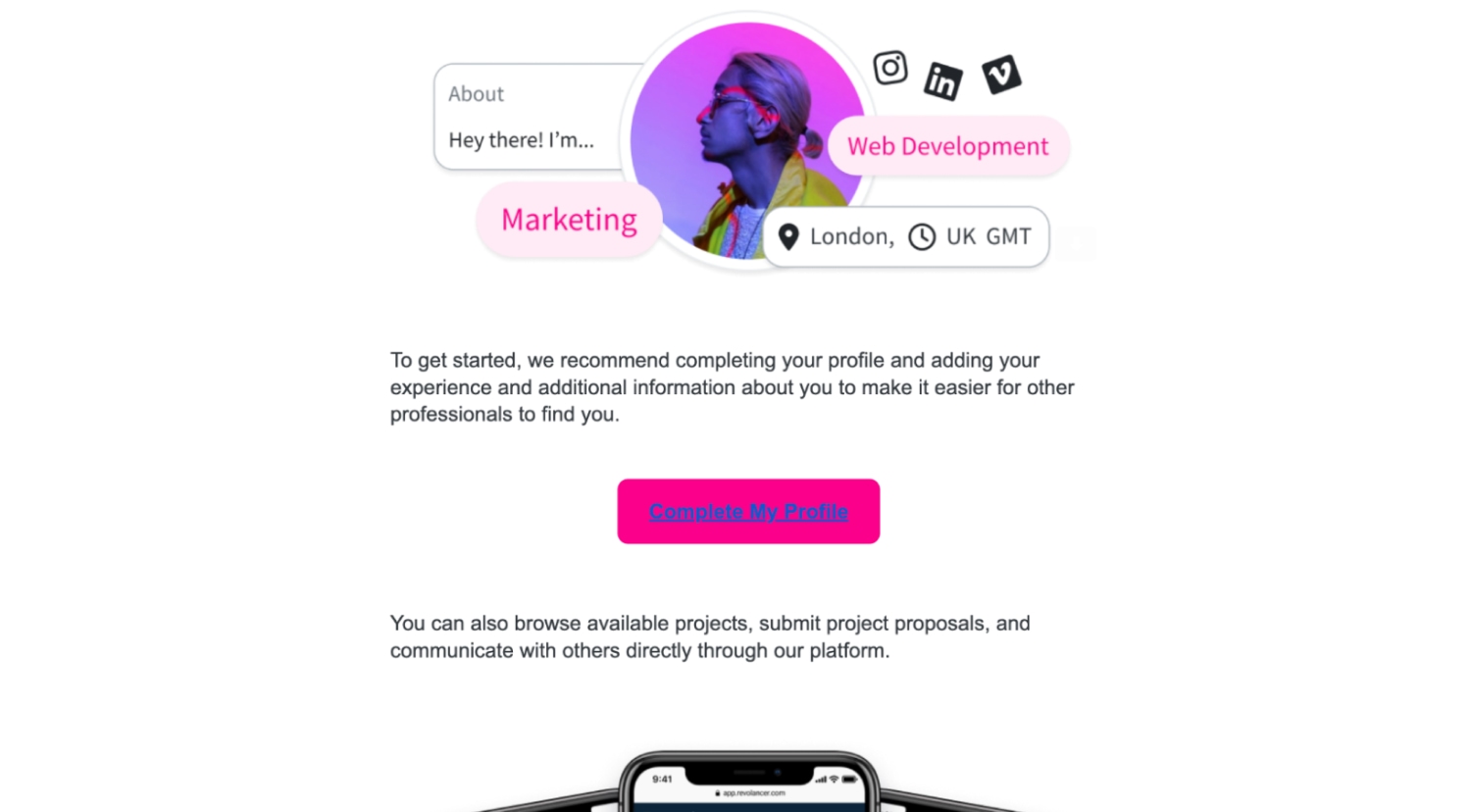Revolancer’s email to subscribers with pink CTA button ‘Complete My Profile’