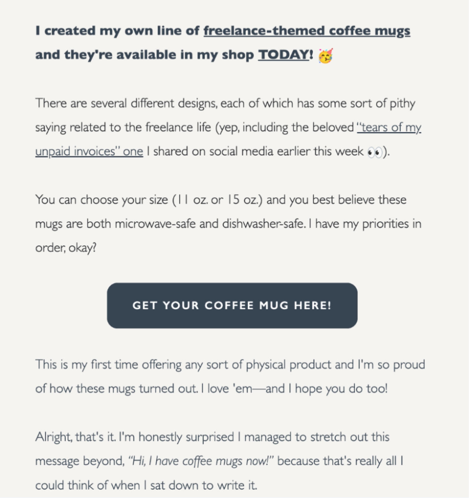 Kat Boogaard’s email newsletter with black CTA button