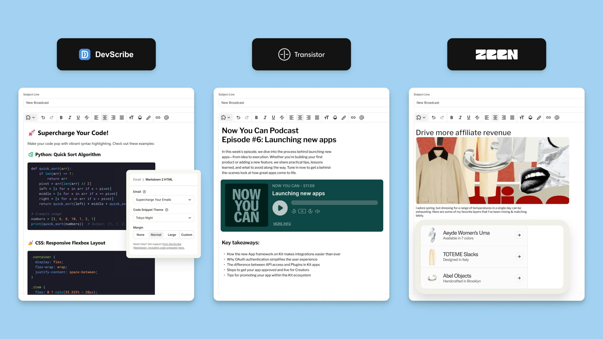 Email Editor Apps let you add functionality directly inside the editor by simply typing /{app name}.