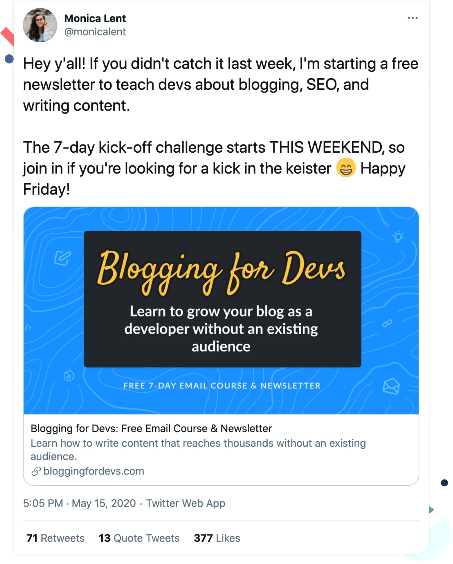 Blogging for Devs launch tweet